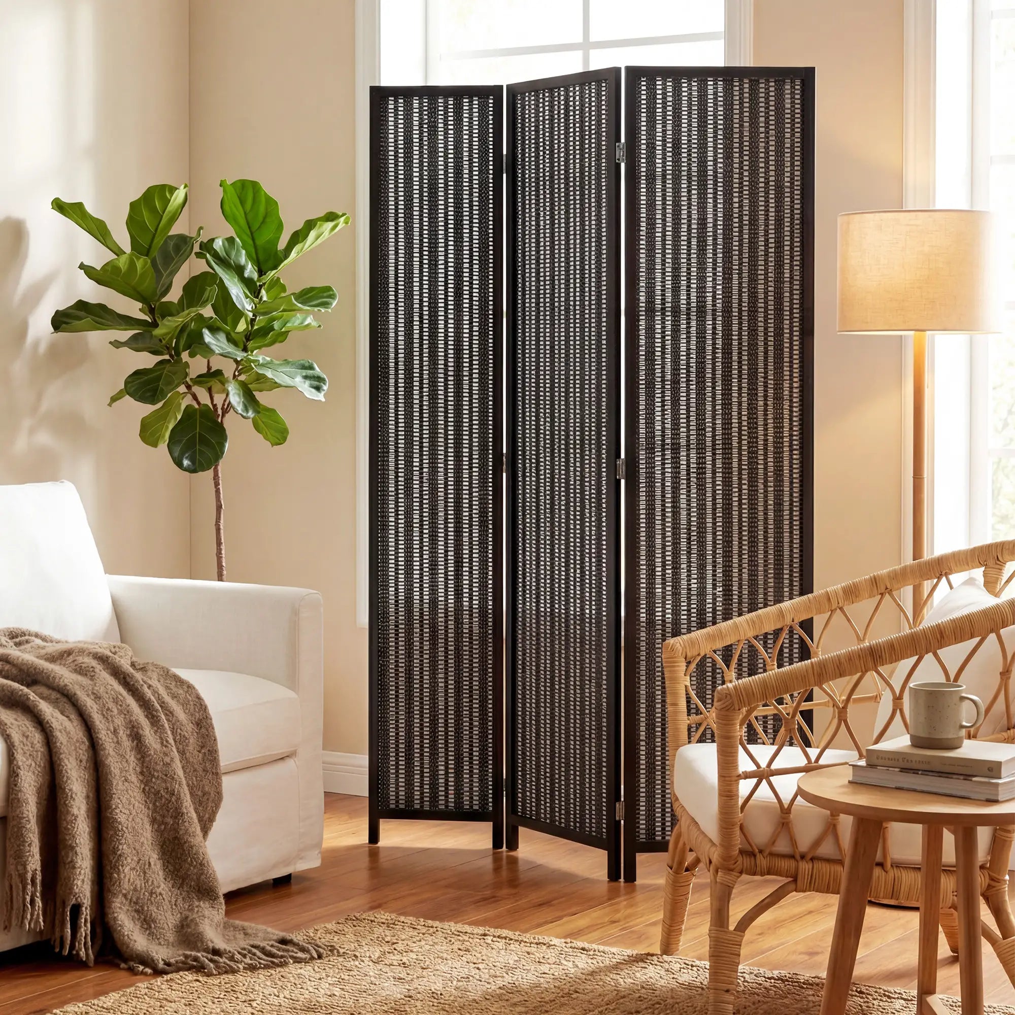 3 Panel Folding Privacy Screen, Handwoven Bamboo Pine Wood Frame, Black Room Dividers at Gallery Canada