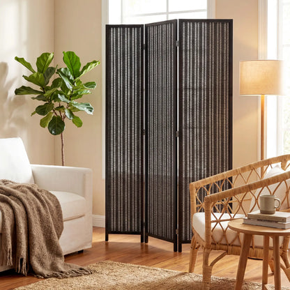 3 Panel Folding Privacy Screen, Handwoven Bamboo Pine Wood Frame, Black Room Dividers at Gallery Canada