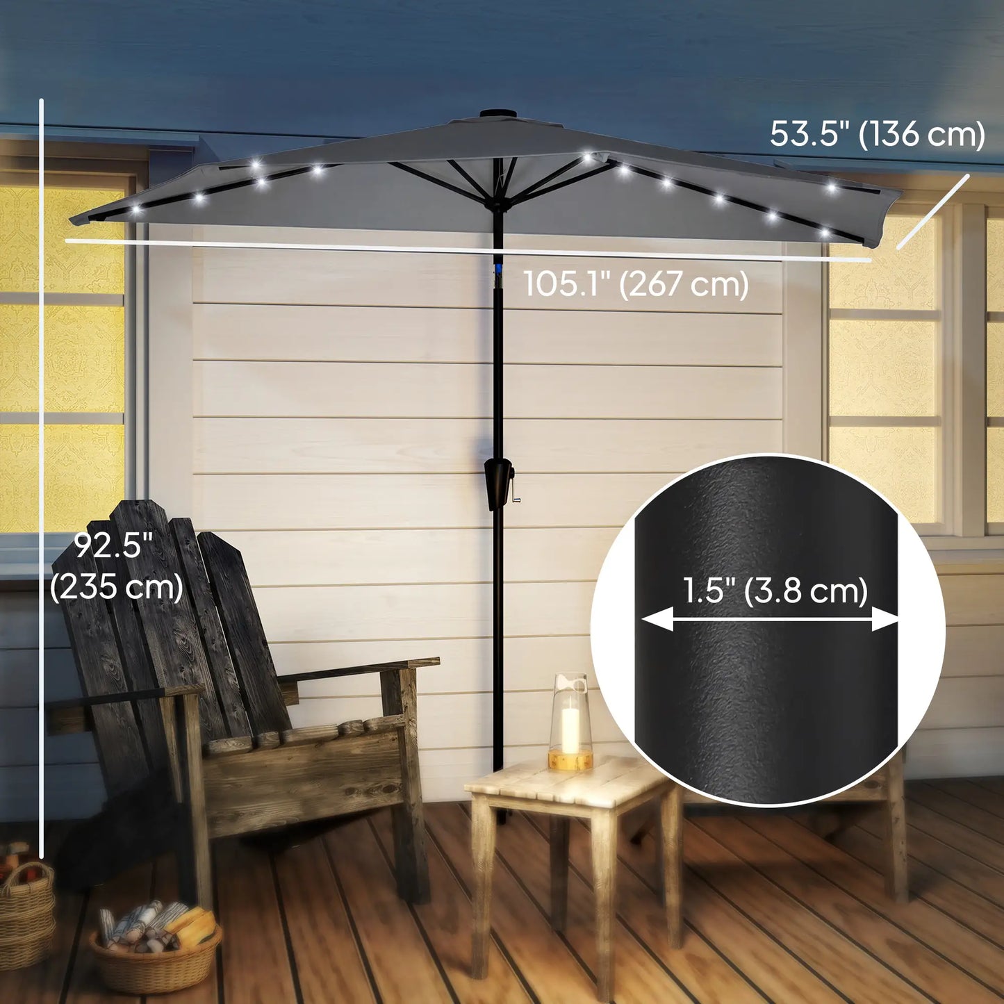 Half Patio Umbrella With Solar LED Lights, 9ft, Dark Grey Half Round Umbrellas at Gallery Canada