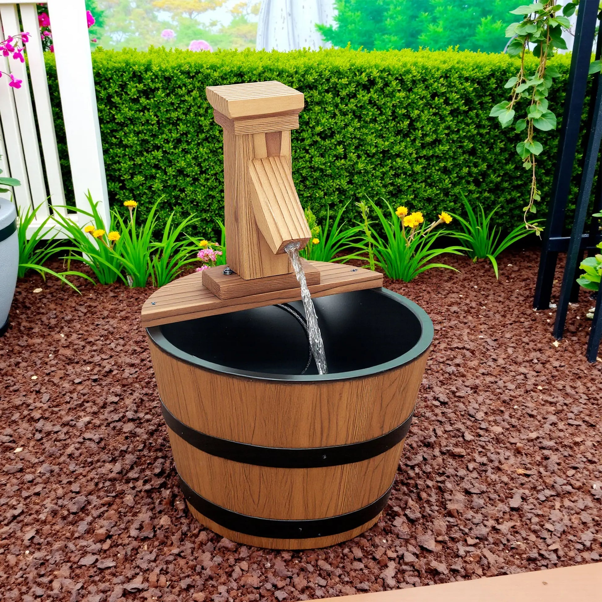 Outdoor Waterfall Fountain, Garden Wood Barrel, Carbonized Water Fountains at Gallery Canada