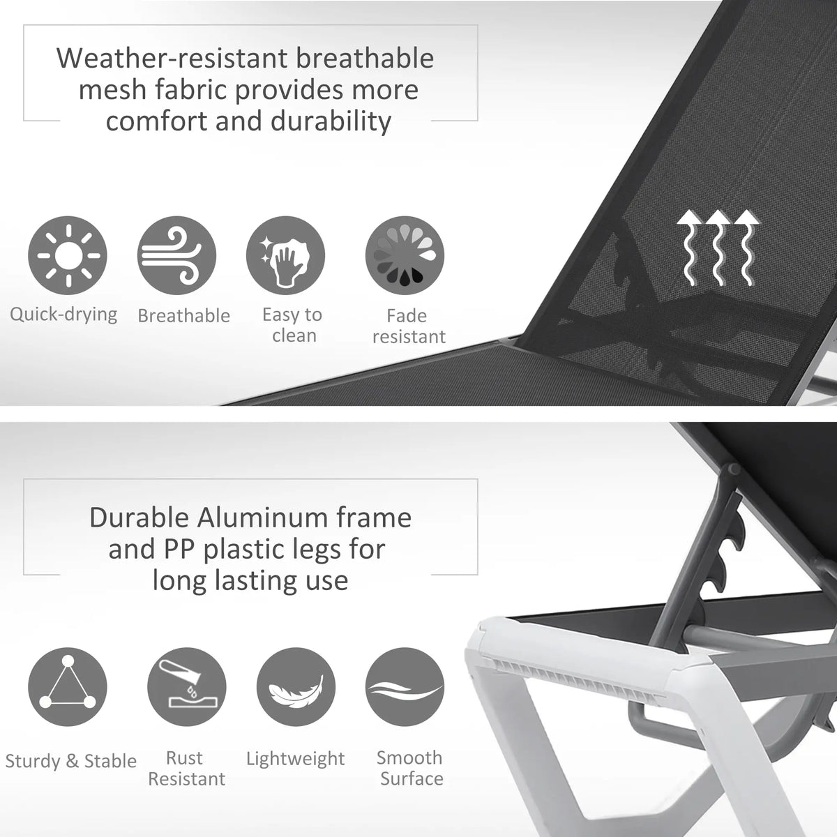 Outdoor Chaise Lounge Chair, Adjustable Back, Wheels, Mesh Fabric, Black
