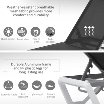 Outdoor Chaise Lounge Chair, Adjustable Back, Wheels, Mesh Fabric, Black