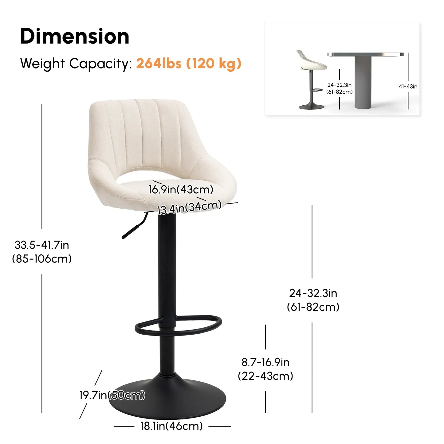 Bar Stools Set of 2, Swivel Counter Height Barstools with Adjustable Height, Linen Upholstered Bar Chairs with Round Metal Base and Footrest, Cream Bar Stools at Gallery Canada