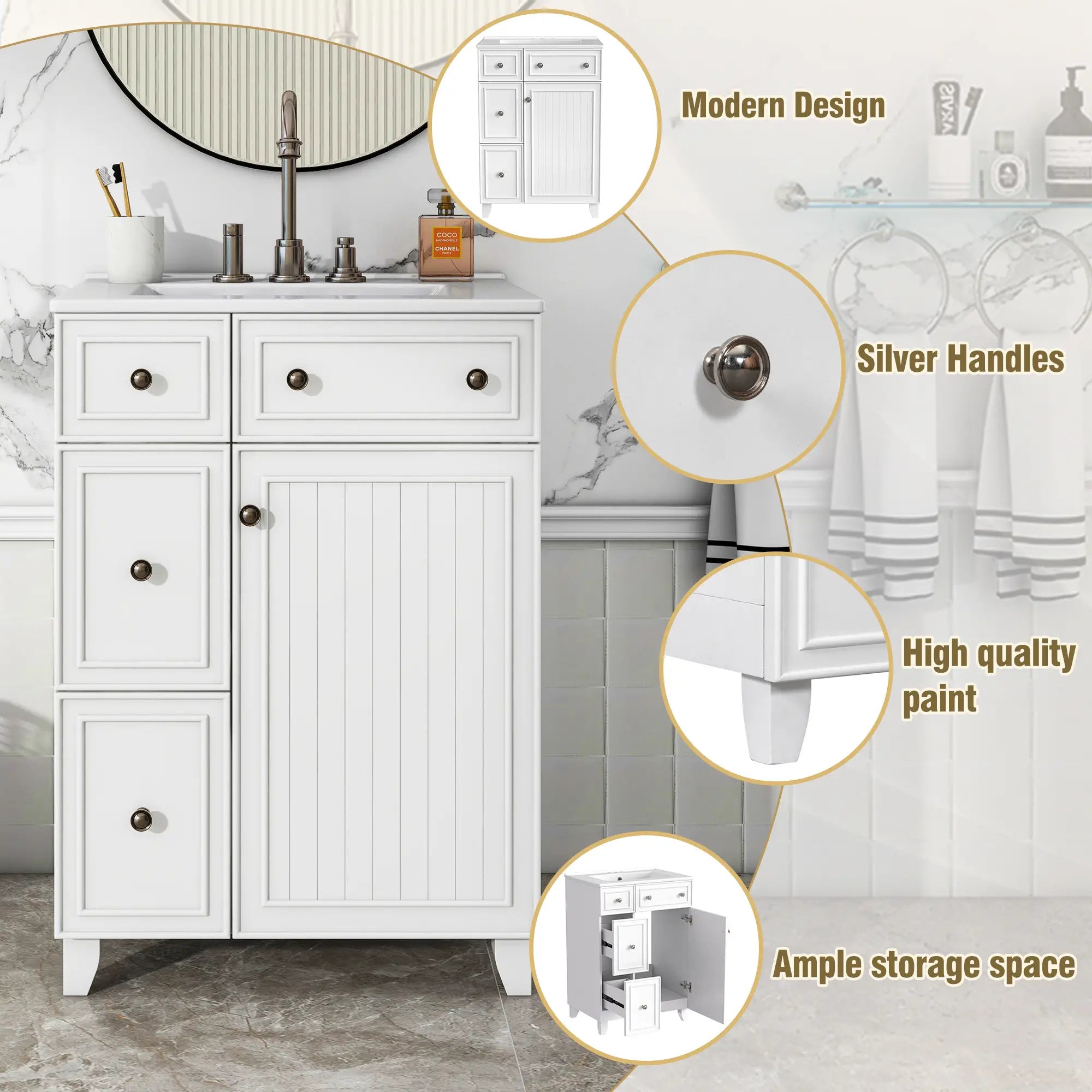 Bathroom Vanity Cabinet, 2 Drawers, Ceramic Sink, Solid Wood, 24