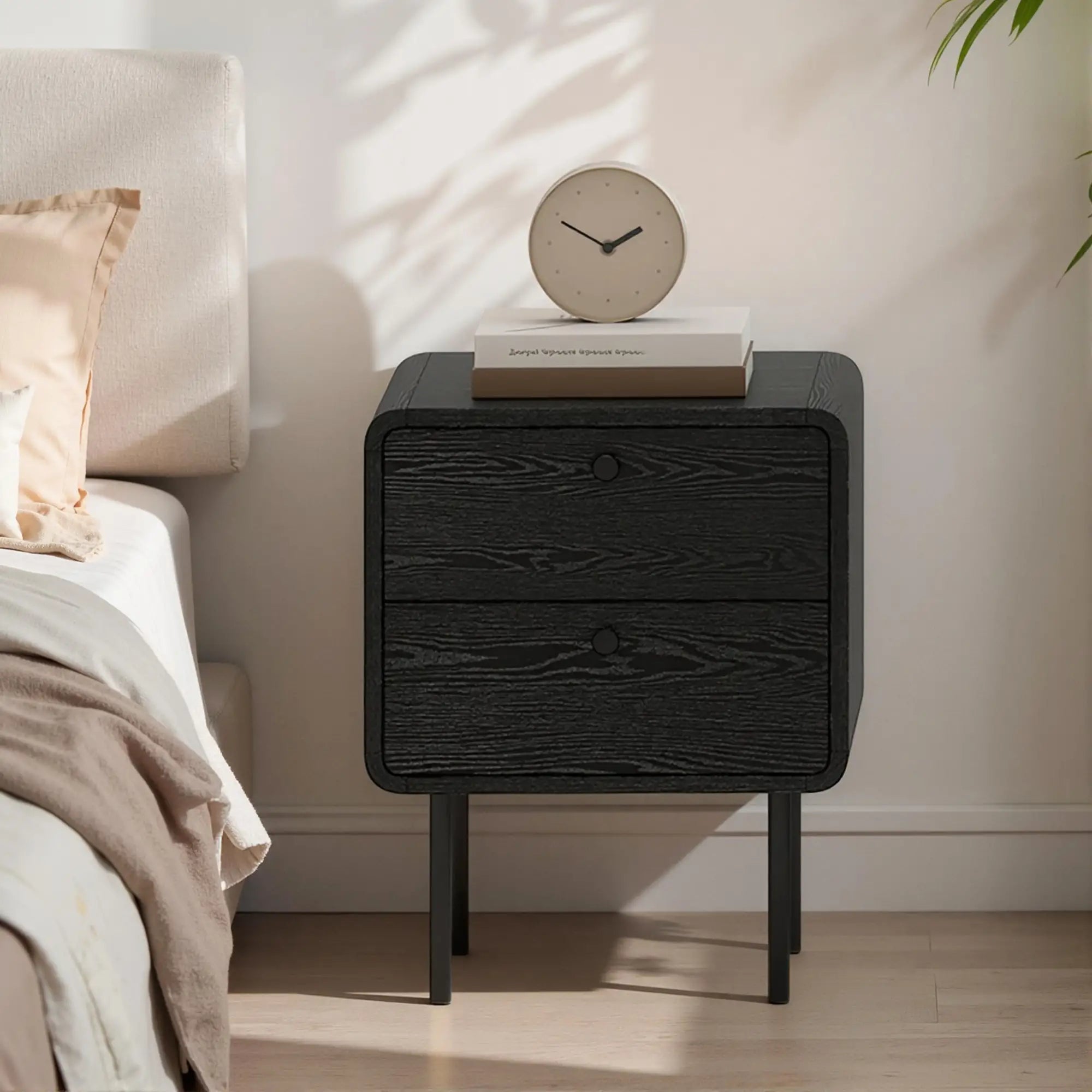 Modern Bedside Tables Set of 2, 2 Drawers, Steel Legs, Black Wood Grain, Black Bedside Tables at Gallery Canada