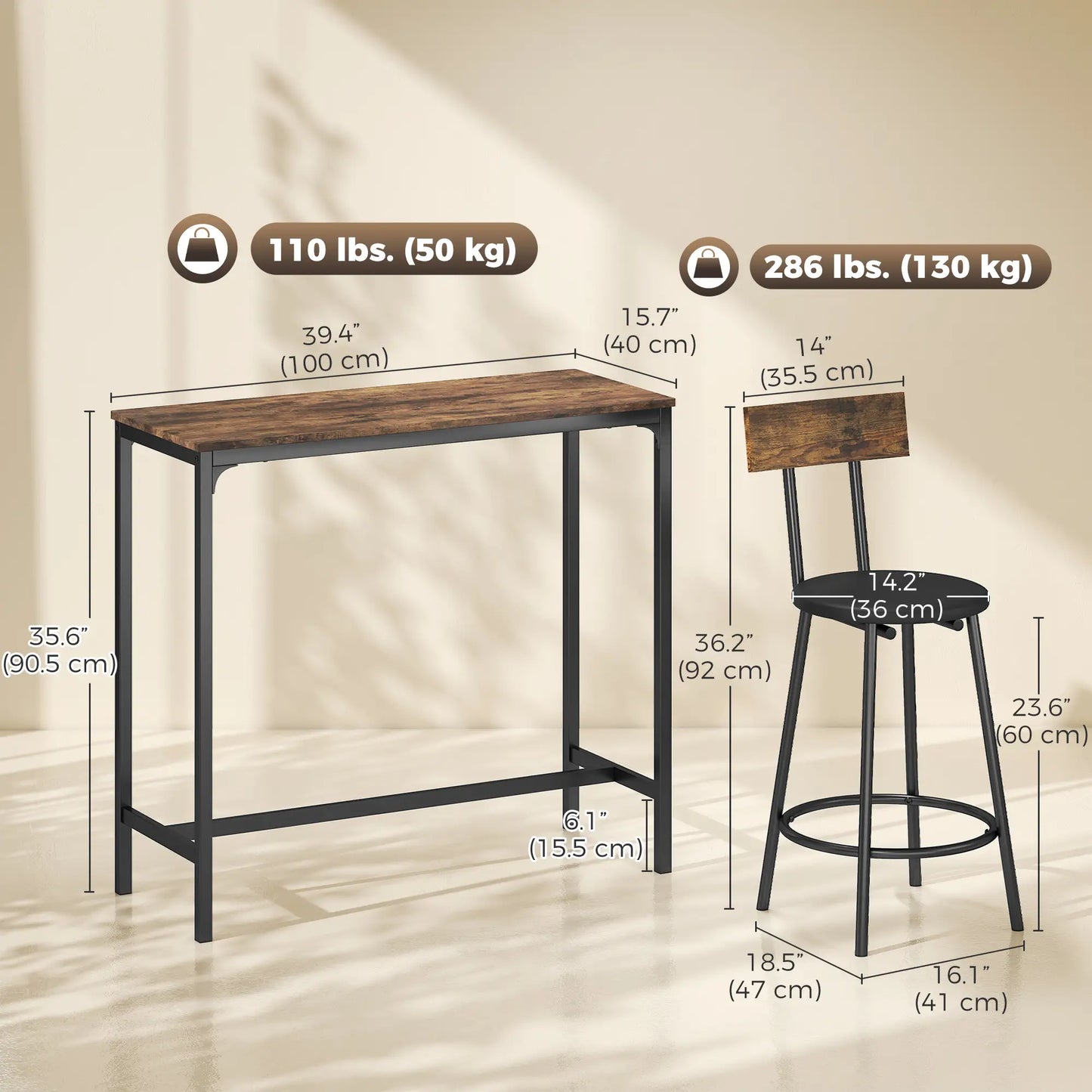 Bar Table Set With 2 Counter Height Barstools, Rustic Brown