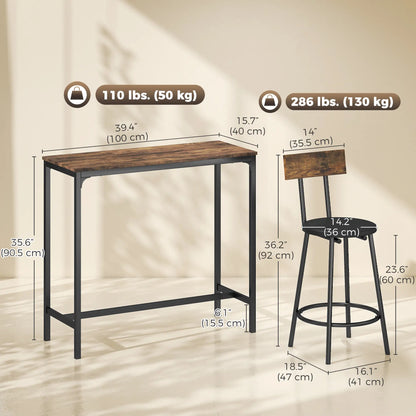 Bar Table Set With 2 Counter Height Barstools, Rustic Brown