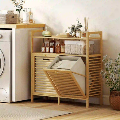 Tilt Out Laundry Hamper, Bamboo Cabinet with 2 Baskets, 2 Shelves, Natural Bathroom Cabinets at Gallery Canada