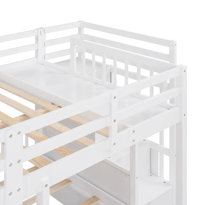 Twin Triple Bunk Bed with Storage Drawers, Pine Wood Frame, 115" L x 76" W x 64.5" H, White Bed Frames at Gallery Canada