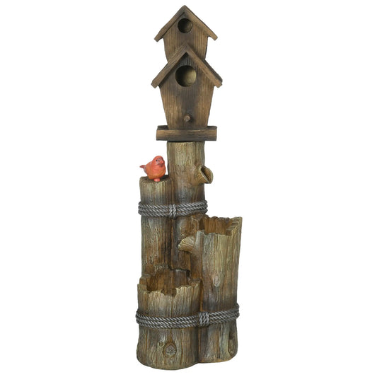 Outdoor Fountain, Garden Waterfall with Birdhouse, 3-Tier Tree Trunk, LED Lights, Brown Water Fountains Brown at Gallery Canada