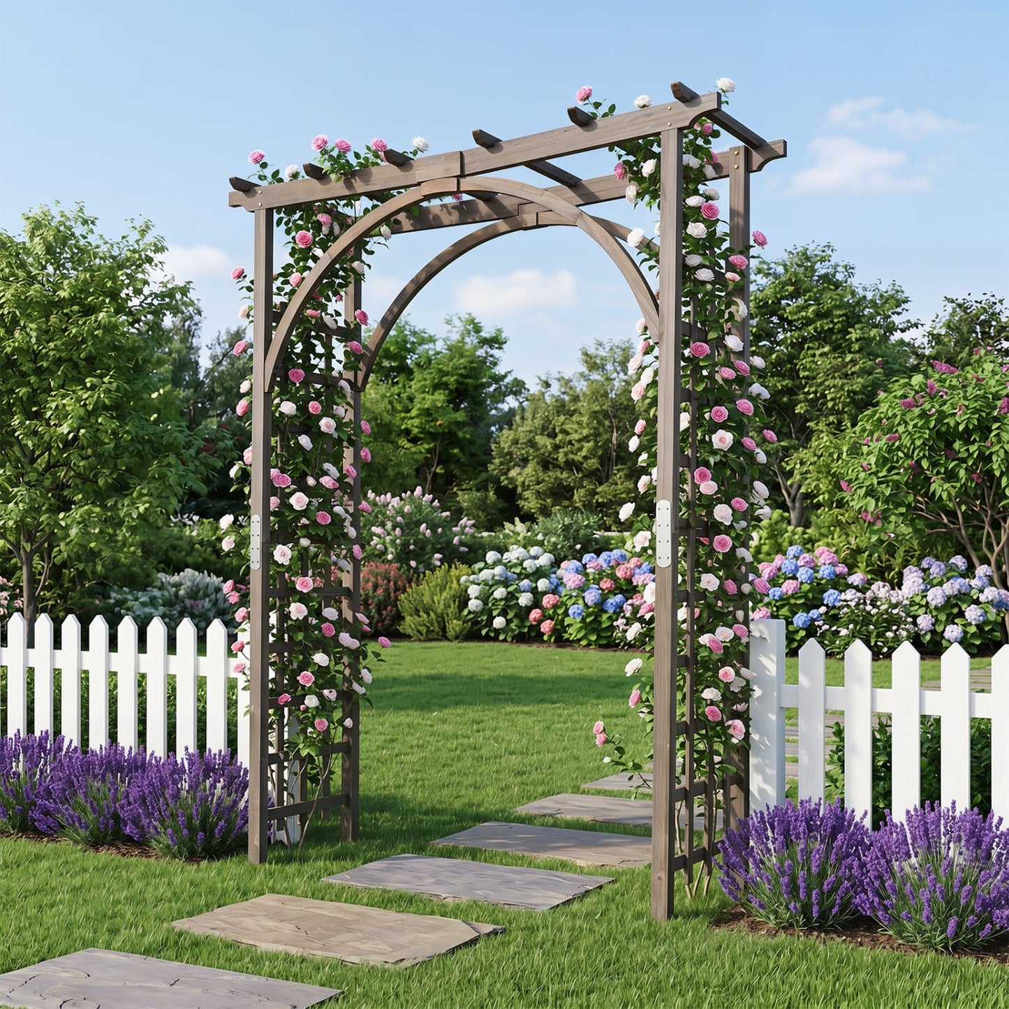 Flat Top Garden Arch Trellis 85" Tall Wood for Climbing Plants and Wedding, Brown