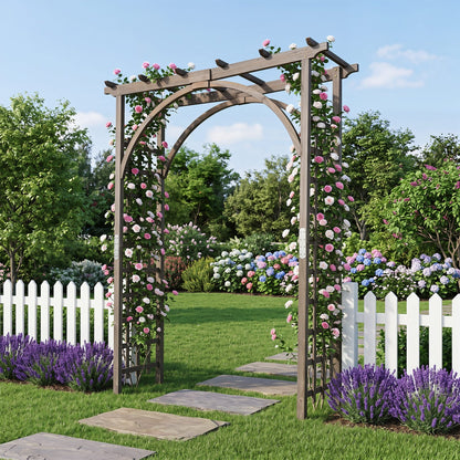 Flat Top Garden Arch Trellis 85" Tall Wood for Climbing Plants and Wedding, Brown