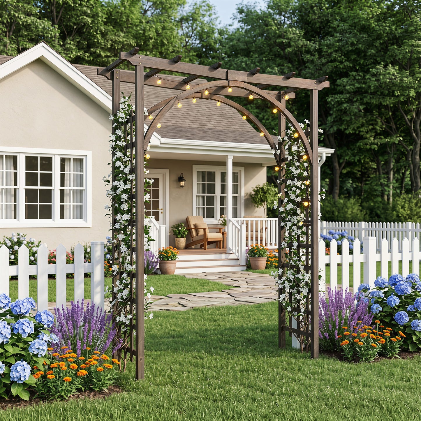 Flat Top Garden Arch Trellis 85" Tall Wood for Climbing Plants and Wedding, Brown