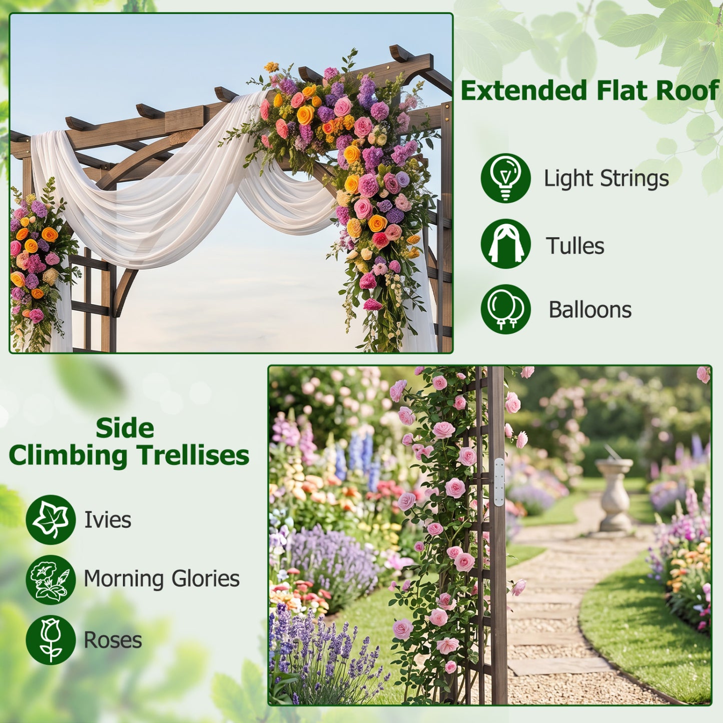 Flat Top Garden Arch Trellis 85" Tall Wood for Climbing Plants and Wedding, Brown