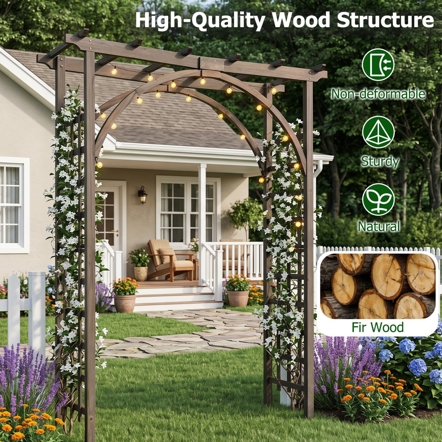 Flat Top Garden Arch Trellis 85" Tall Wood for Climbing Plants and Wedding, Brown