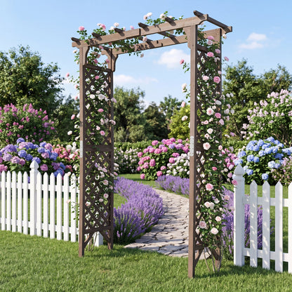 Flat Top Garden Arch with Gate 85" Tall Wood for Climbing Plants and Wedding, Brown