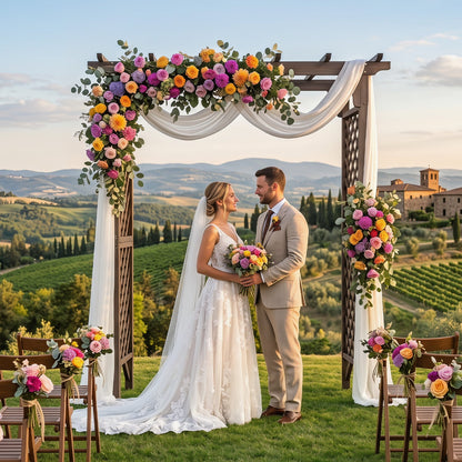 Flat Top Garden Arch with Gate 85" Tall Wood for Climbing Plants and Wedding, Brown