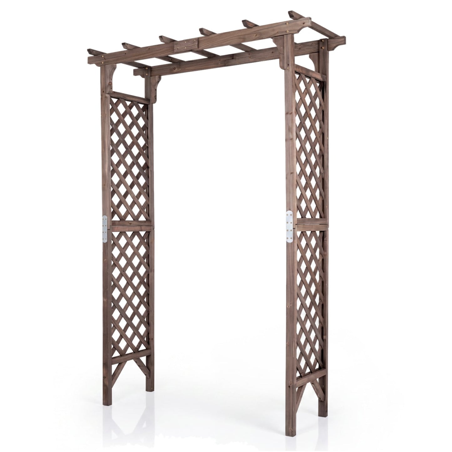 Flat Top Garden Arch with Gate 85" Tall Wood for Climbing Plants and Wedding, Brown