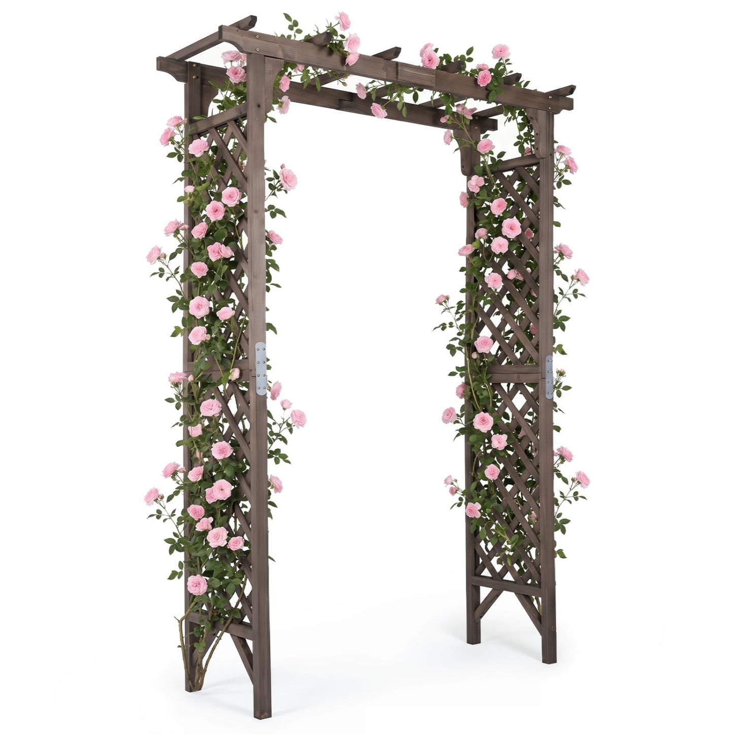 Flat Top Garden Arch with Gate 85" Tall Wood for Climbing Plants and Wedding, Brown