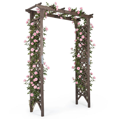 Flat Top Garden Arch with Gate 85" Tall Wood for Climbing Plants and Wedding, Brown