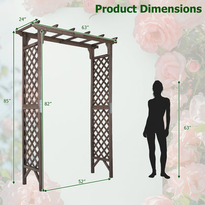 Flat Top Garden Arch with Gate 85" Tall Wood for Climbing Plants and Wedding, Brown