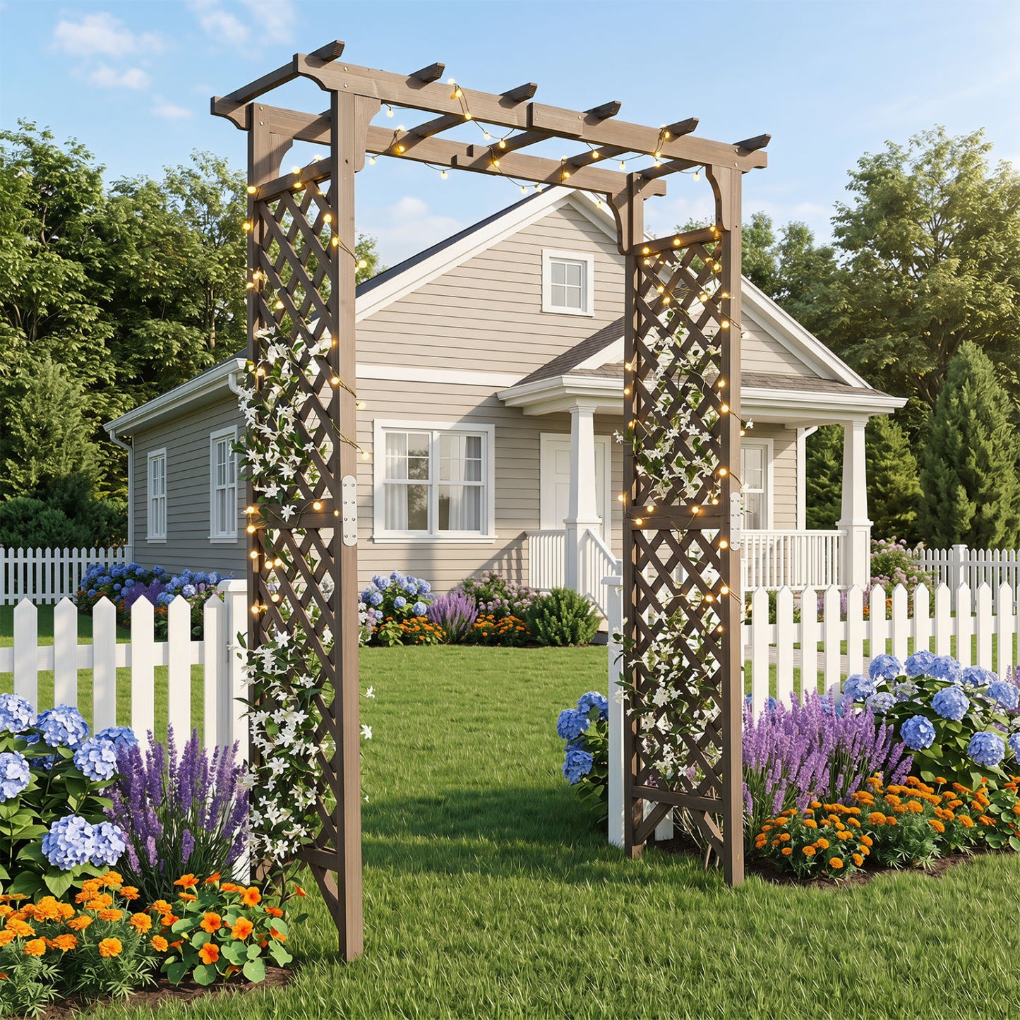 Flat Top Garden Arch with Gate 85" Tall Wood for Climbing Plants and Wedding, Brown