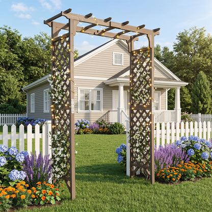 Flat Top Garden Arch with Gate 85" Tall Wood for Climbing Plants and Wedding, Brown