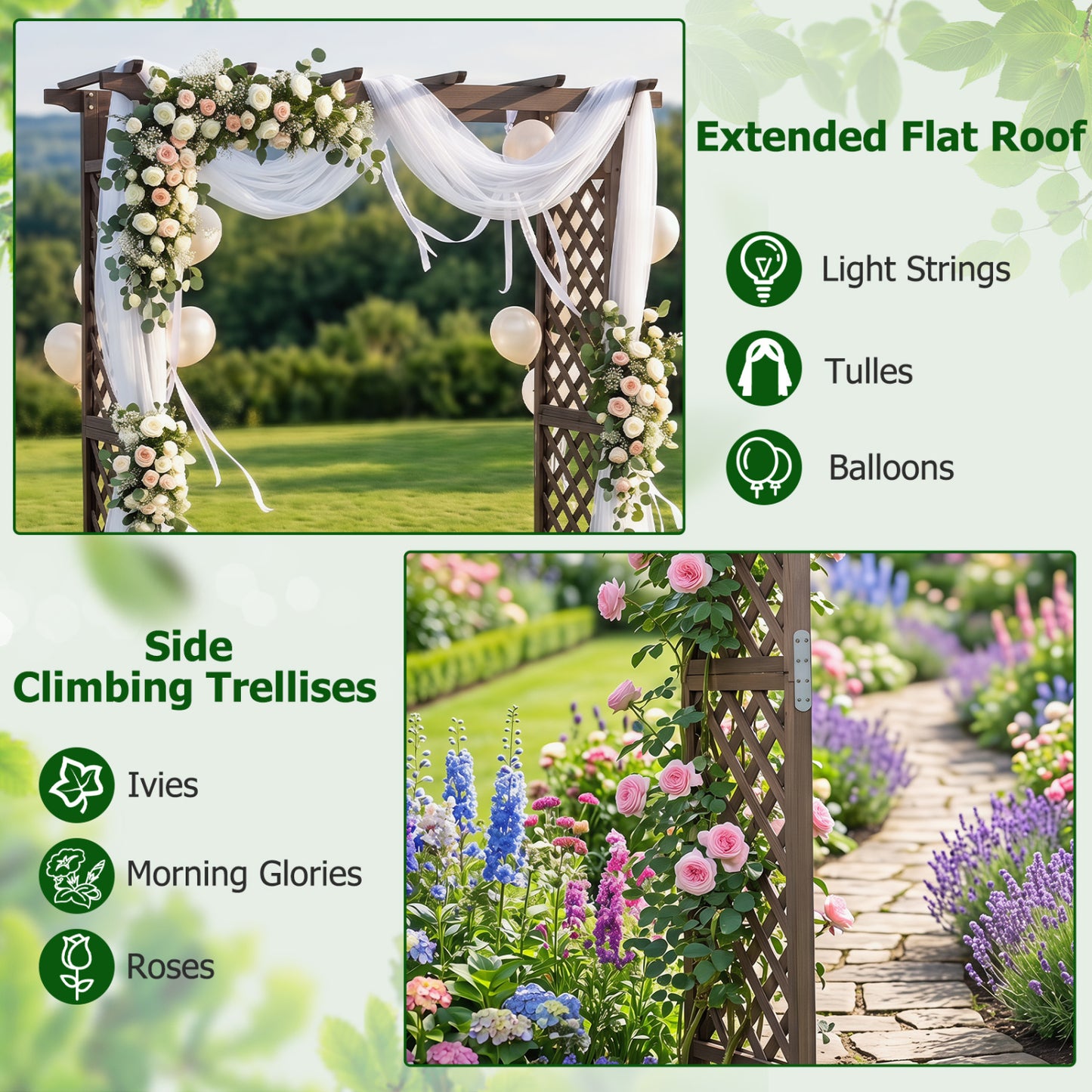 Flat Top Garden Arch with Gate 85" Tall Wood for Climbing Plants and Wedding, Brown