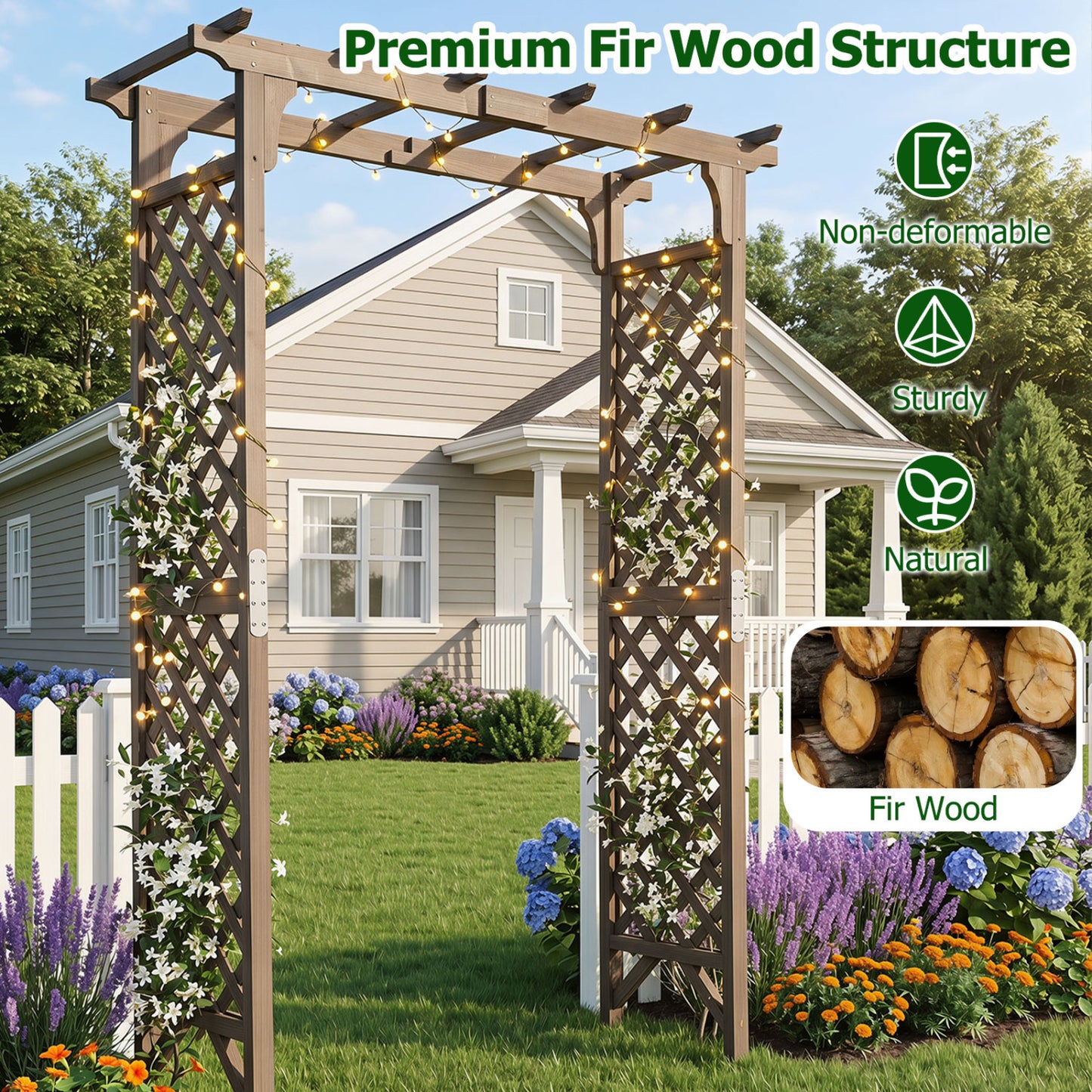 Flat Top Garden Arch with Gate 85" Tall Wood for Climbing Plants and Wedding, Brown
