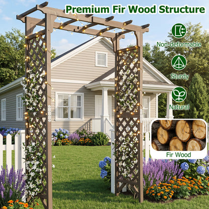 Flat Top Garden Arch with Gate 85" Tall Wood for Climbing Plants and Wedding, Brown