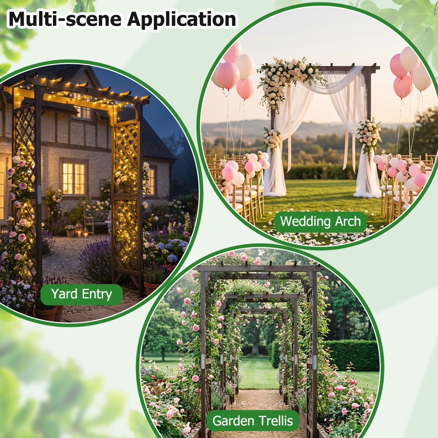 Flat Top Garden Arch with Gate 85" Tall Wood for Climbing Plants and Wedding, Brown