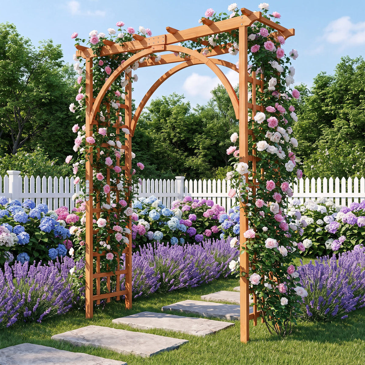85" Tall Wood Flat Top Garden Arch Trellis, Orange