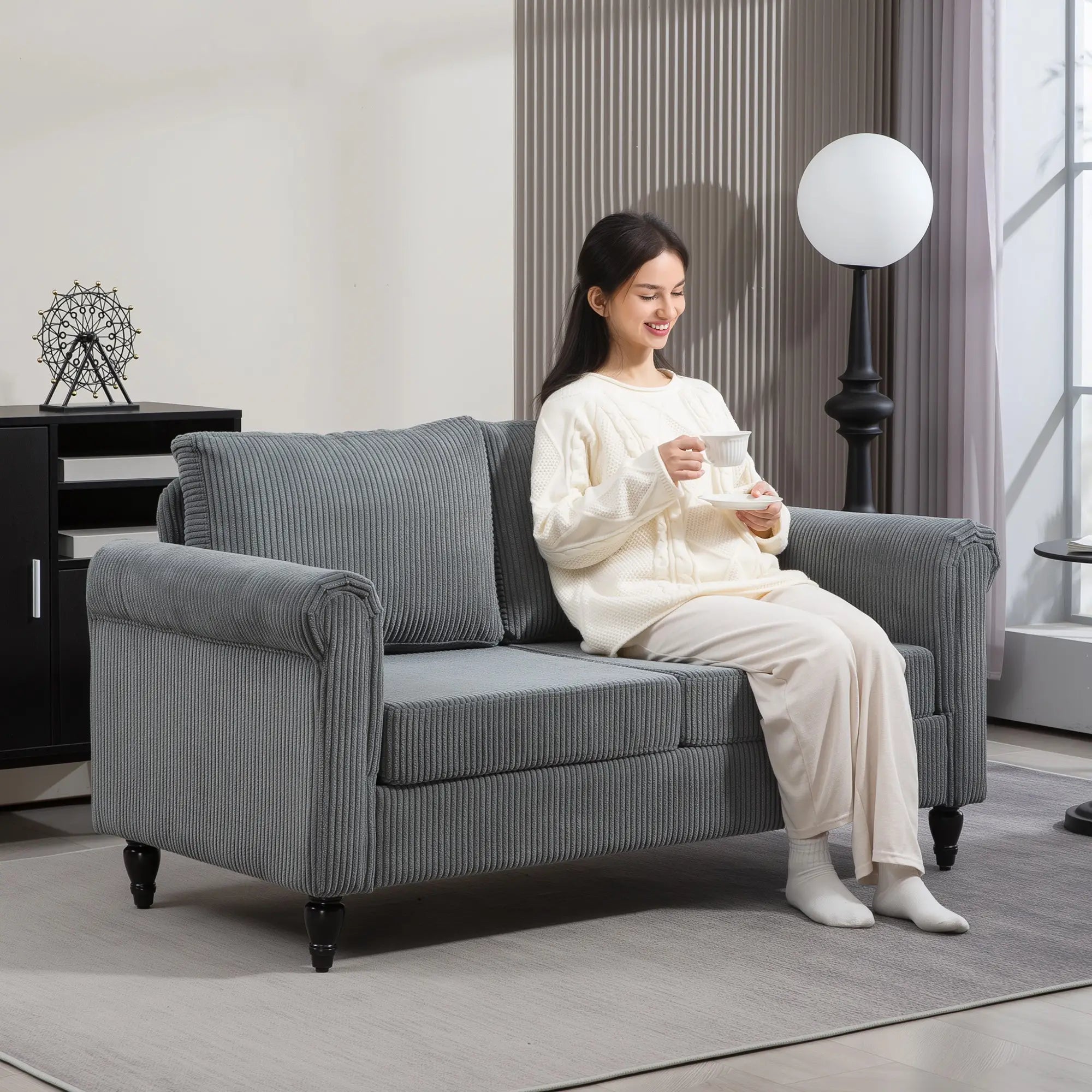Vintage Loveseat, Fabric 2 Seater Sofa, Rolled Arms, Rubber Wood Legs, Grey 2-Seater Sofas at Gallery Canada