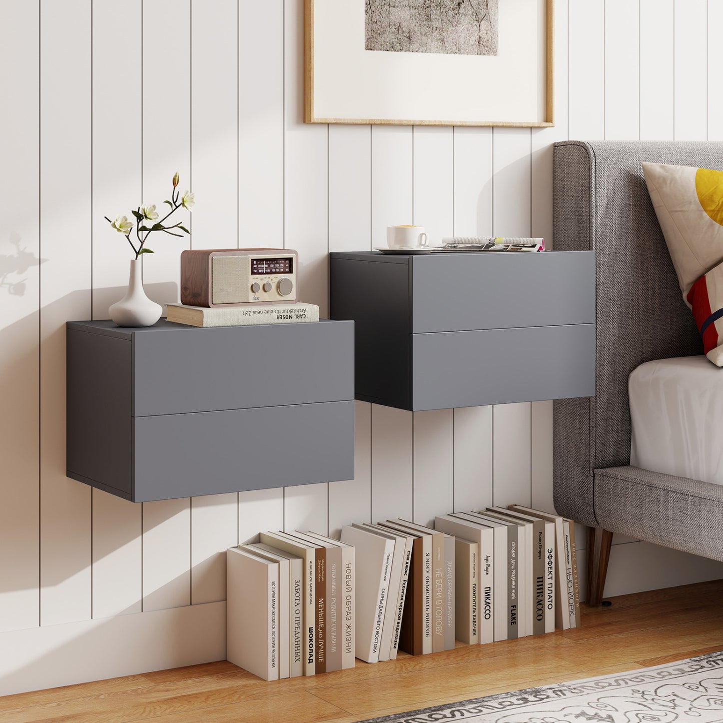 Floating Nightstand with 2 Storage Drawers Wall Mounted for Bedroom, Gray Nightstands at Gallery Canada