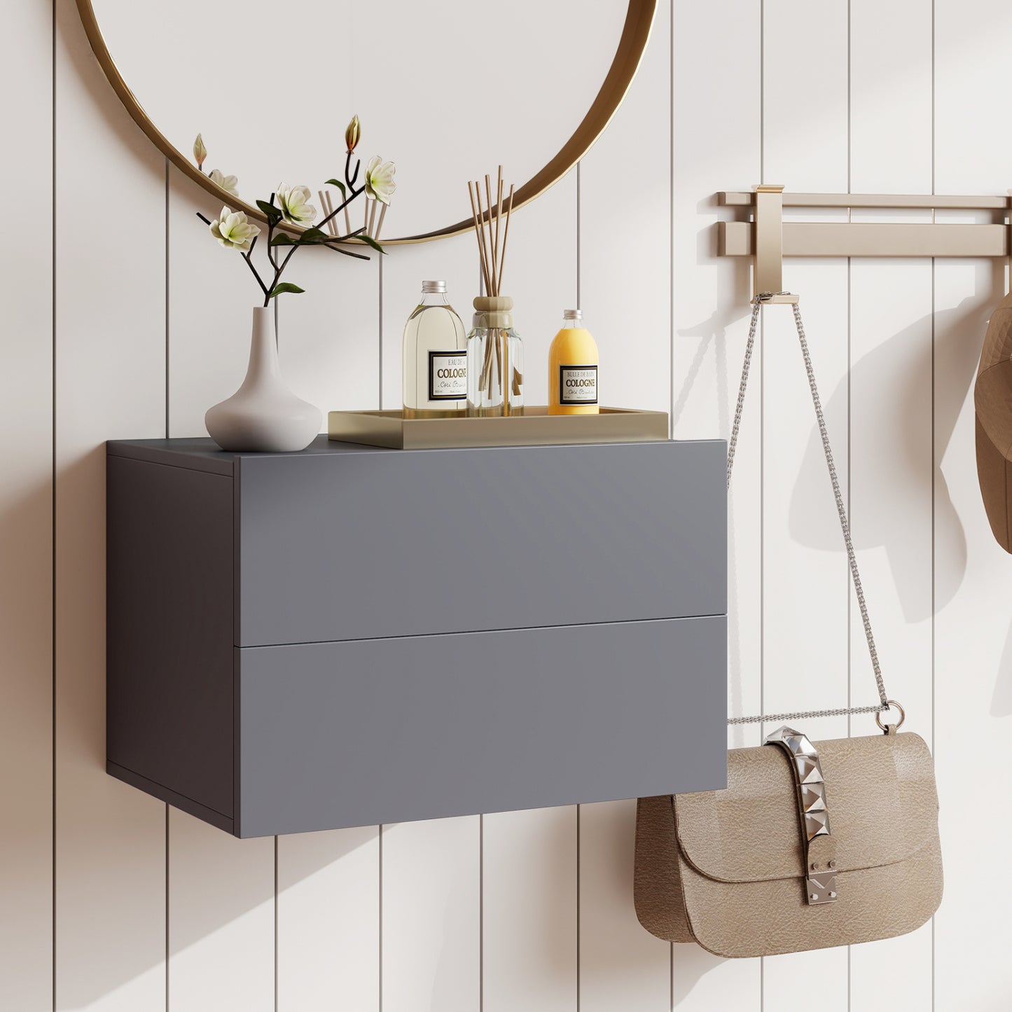 Floating Nightstand with 2 Storage Drawers Wall Mounted for Bedroom, Gray Nightstands at Gallery Canada