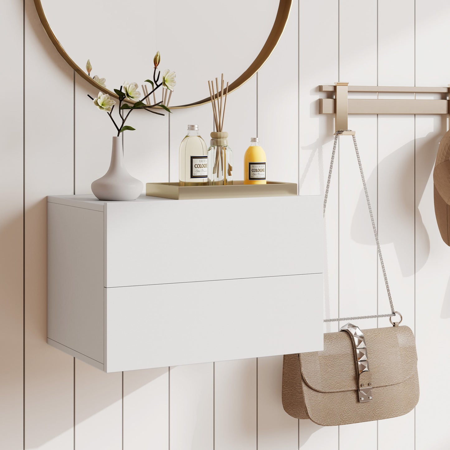 Floating Nightstand, 2 Drawers, Wall Mounted, White
