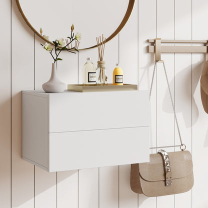 Floating Nightstand, 2 Drawers, Wall Mounted, White