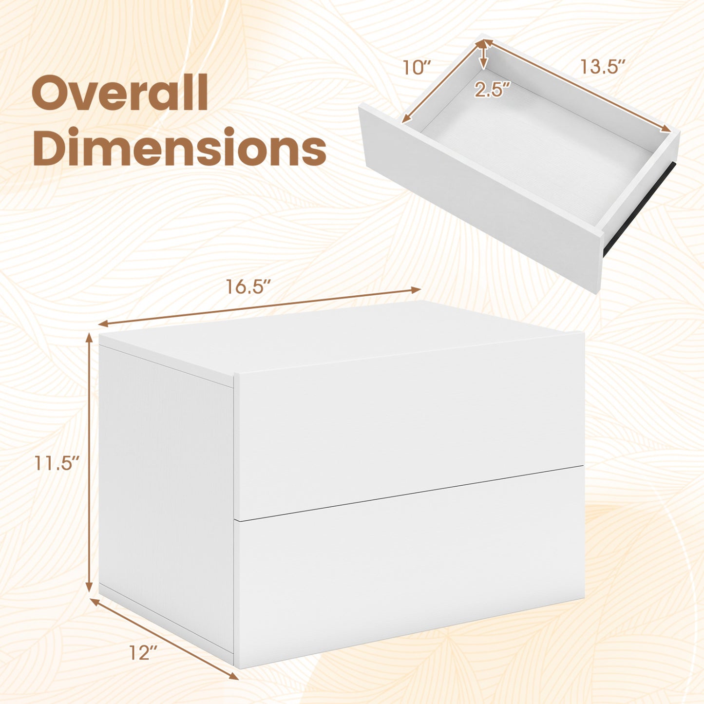 Floating Nightstand, 2 Drawers, Wall Mounted, White