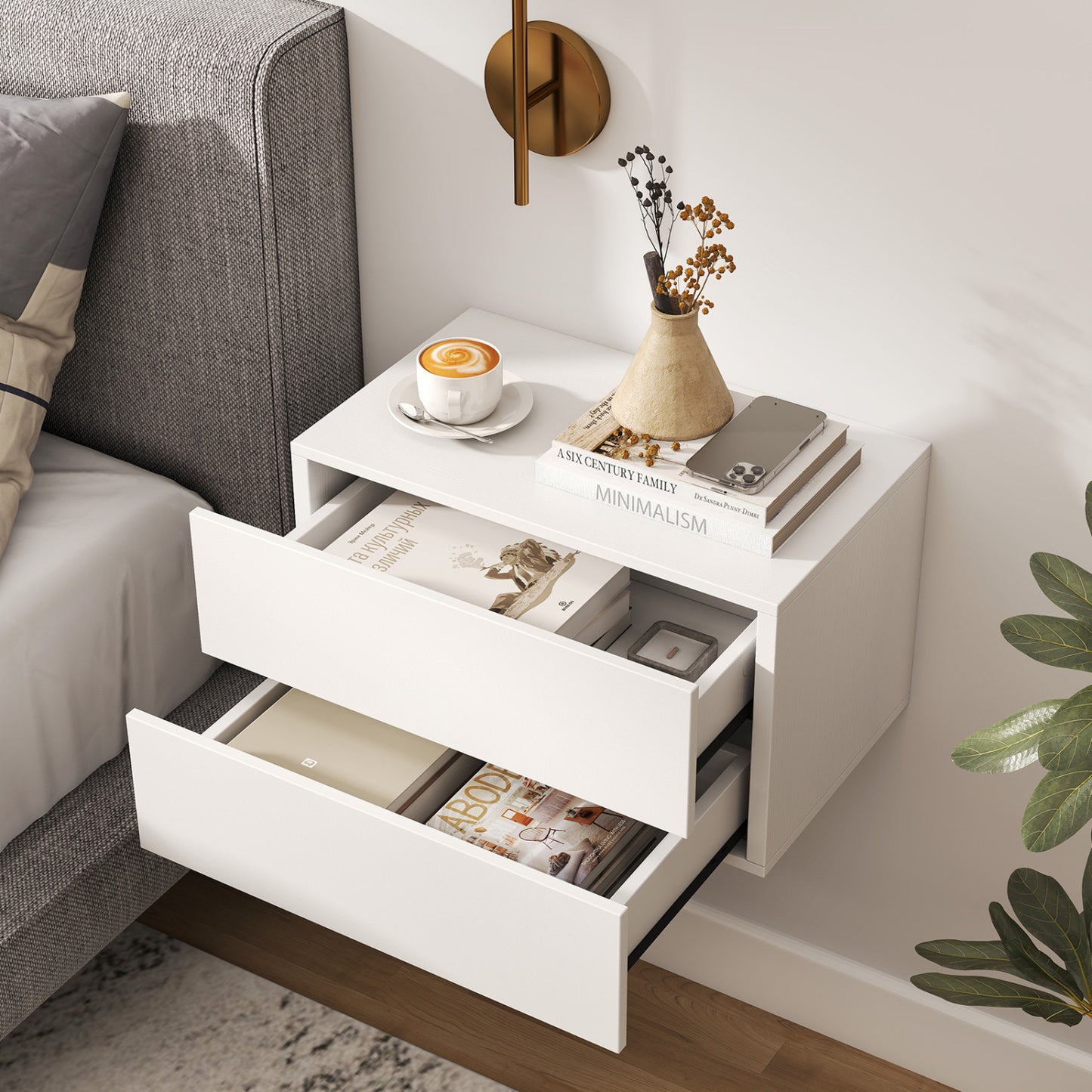 Floating Nightstand, 2 Drawers, Wall Mounted, White