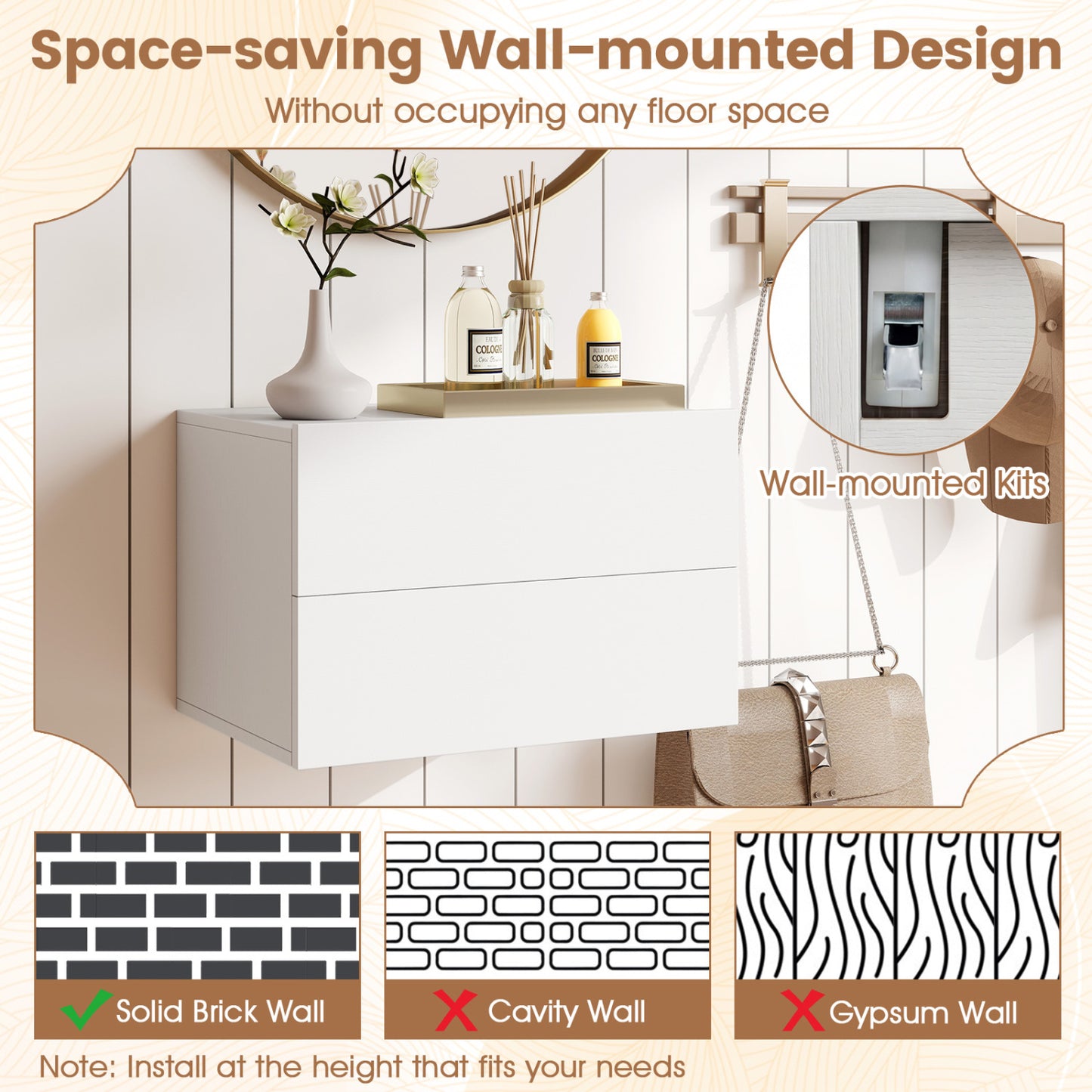 Floating Nightstand, 2 Drawers, Wall Mounted, White