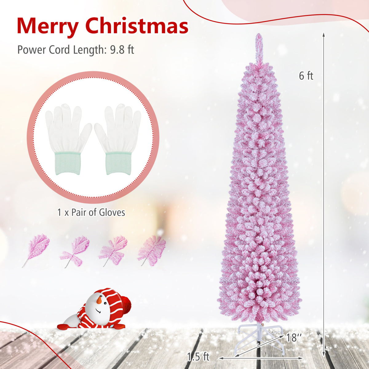 6 Ft Flocked Pre-Lit Pencil Christmas Tree, 8 Modes, Pink