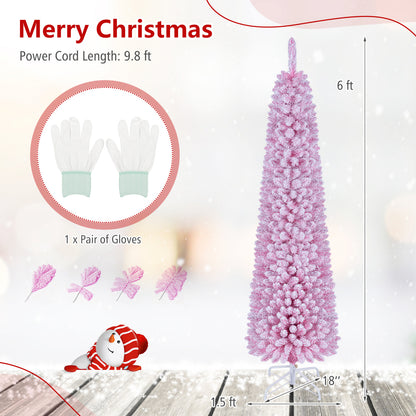 6 Ft Flocked Pre-Lit Pencil Christmas Tree, 8 Modes, Pink
