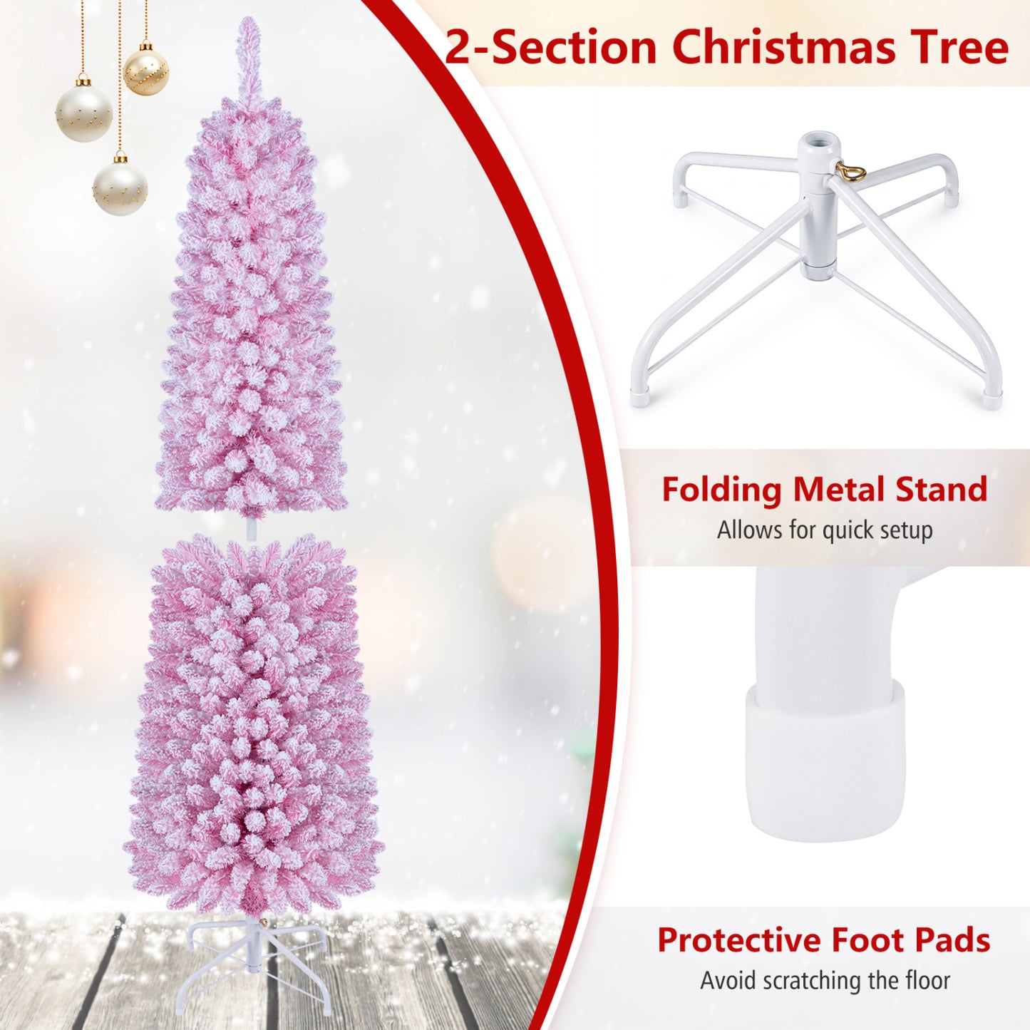 6 Ft Flocked Pre-Lit Pencil Christmas Tree, 8 Modes, Pink