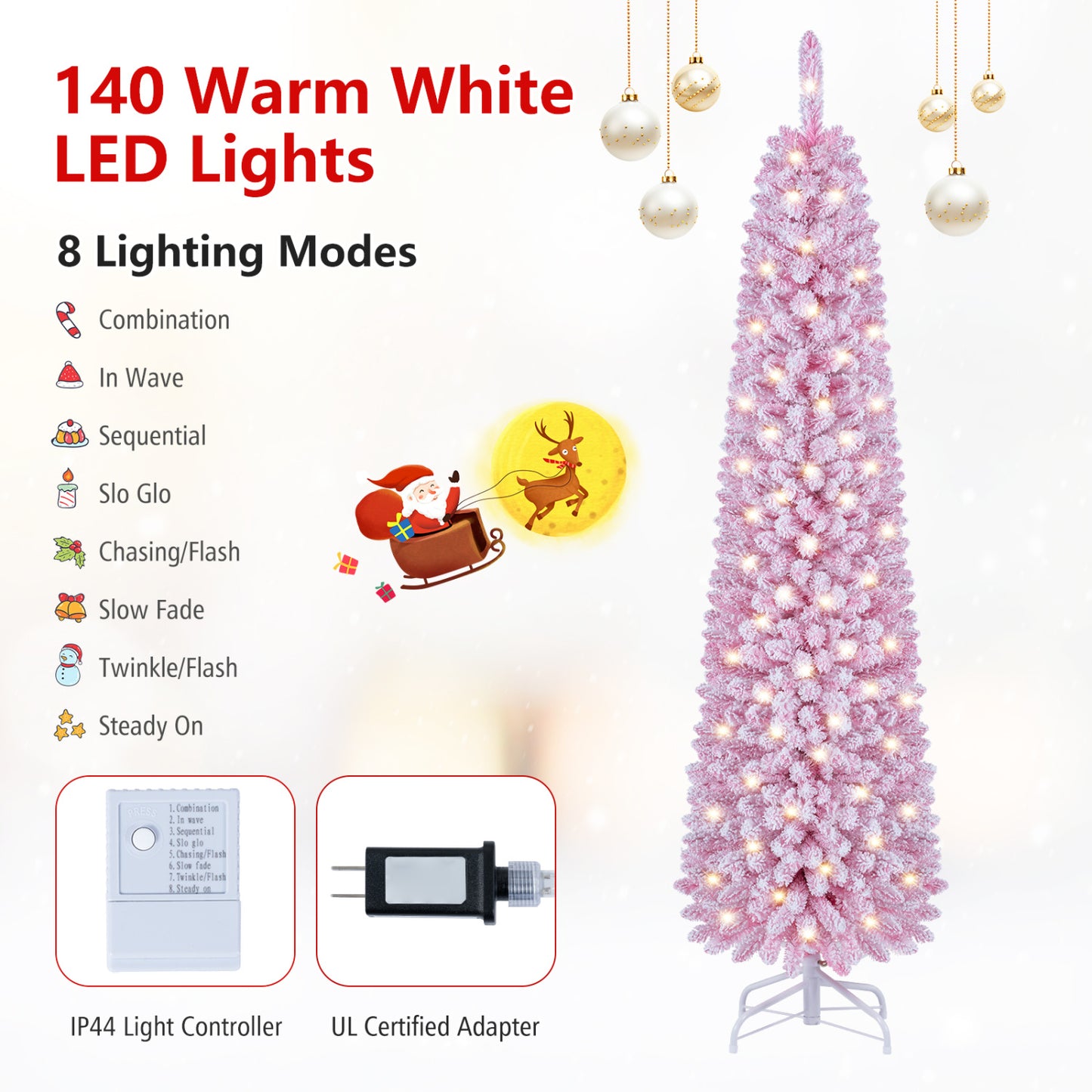 6 Ft Flocked Pre-Lit Pencil Christmas Tree, 8 Modes, Pink