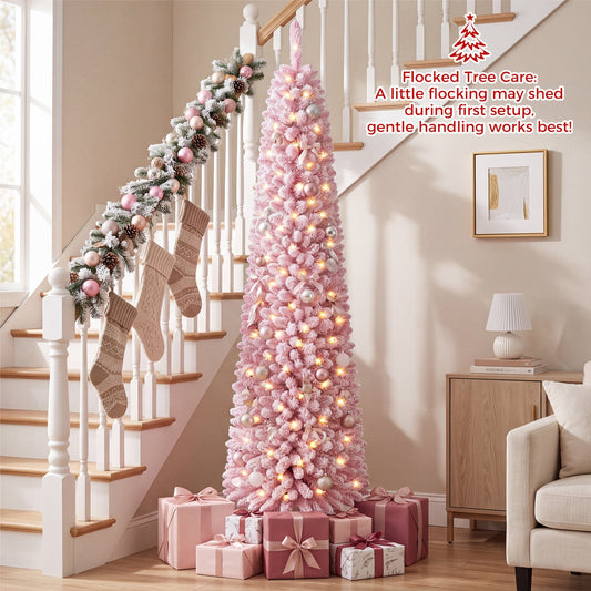 Flocked Pre-Lit Pencil Christmas Tree, 8 Modes, 7 FT, Pink Christmas Tree Pink at Gallery Canada