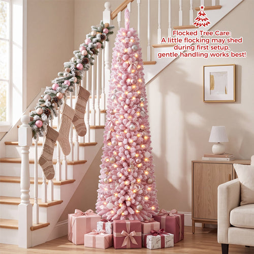 Flocked Pre-Lit Pencil Christmas Tree, 8 Modes, 7 FT, Pink