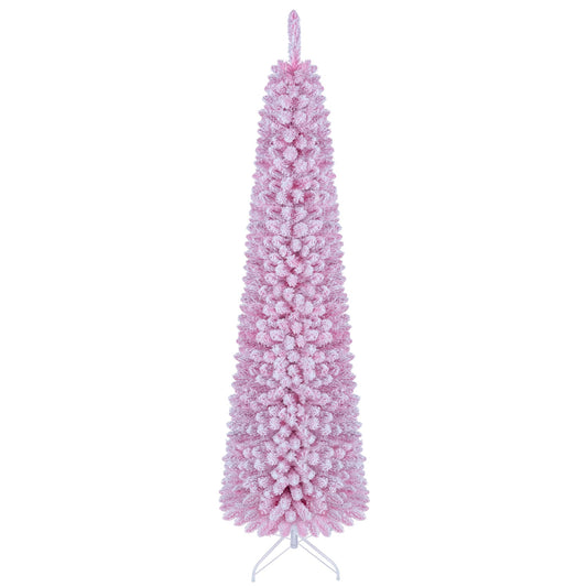 Flocked Pre-Lit Pencil Christmas Tree, 8 Modes, 7 FT, Pink Christmas Tree Pink at Gallery Canada
