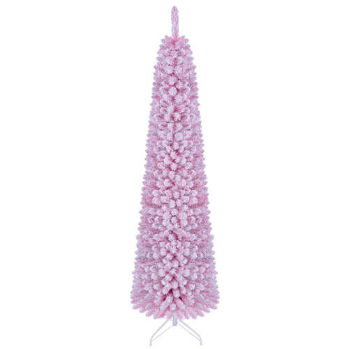 Flocked Pre-Lit Pencil Christmas Tree, 8 Modes, 7 FT, Pink