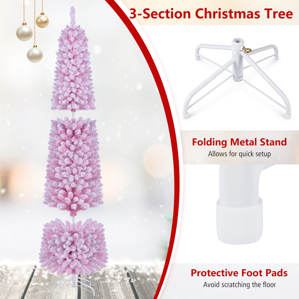 7 FT Flocked Pre-Lit Artificial Christmas Tree, 8 Modes, Pink