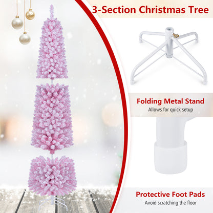 7 FT Flocked Pre-Lit Artificial Christmas Tree, 8 Modes, Pink